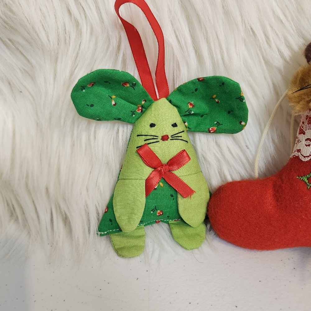Vintage Fabric Christmas Tree Ornament Lot Mouse Cat Mice Kitsch 1980s Farmhouse - Picture 3 of 9